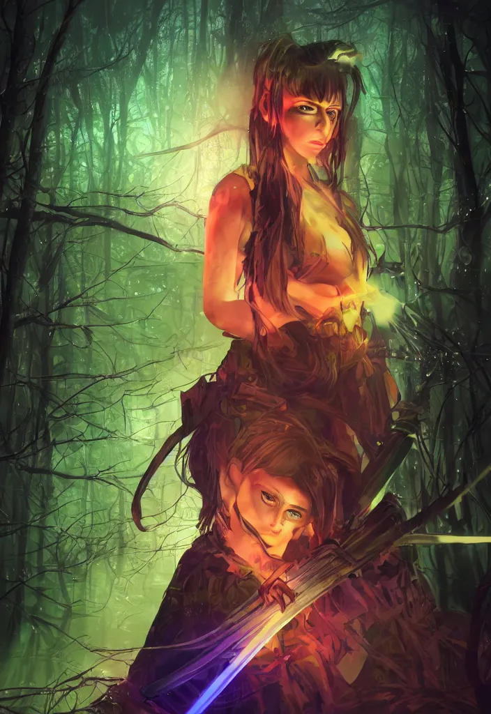 Image similar to , woman with illuminated neon katana in the forest at night, closeup , digital effects fantasy ,digital art, illustration, award winning, professional, stylized, cel shaded