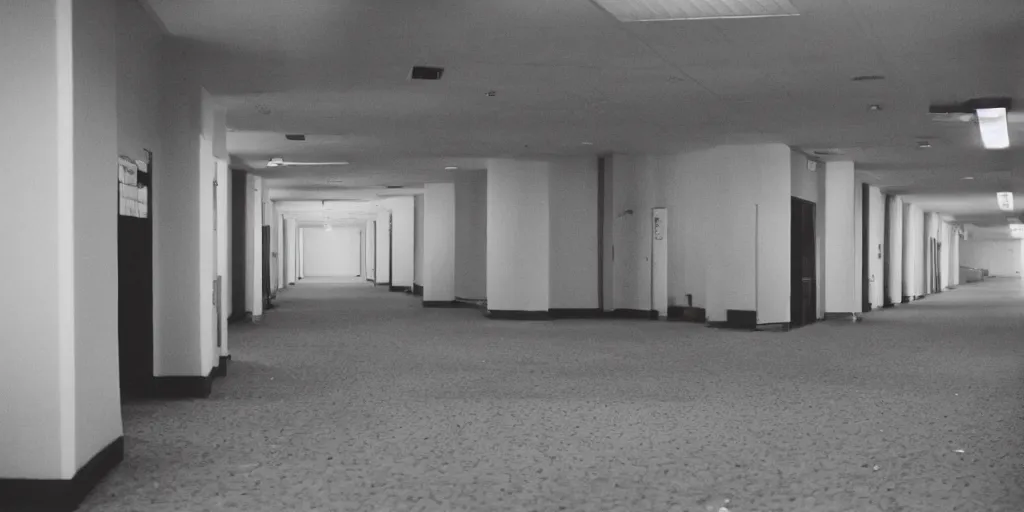 Image similar to a weird place full of people but now empty with eerie feeling, disposable colored camera, camera flash, house, mall, hallway, playground, office, pool, interior, room, full of things, unusual place, unsettling, kids place