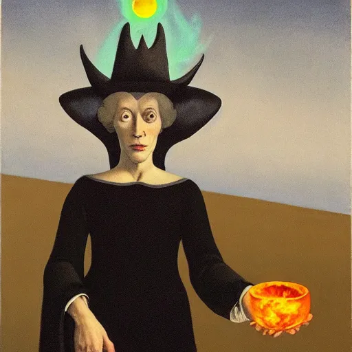 Image similar to a witch with baphomet, by Raphael Hopper, and Rene Magritte. Highly detailed, Occult, funny, humorous, funny, satire, fire, water, earth, air, magical, trending on artstationHQ