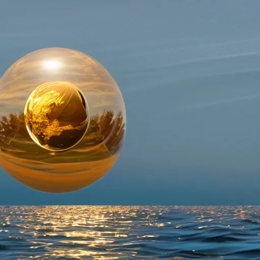 Prompt: a reflective golden eco sphere and torus in the sky over the ocean