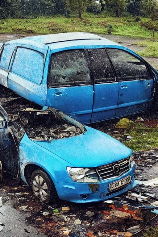 Prompt: “Blue Skoda Octavia Combi disintegrated in junkyard in rain. Realistic photo. ”