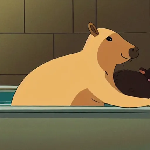 Image similar to capybara in the bathtub from the movie spirited away by hayao miyazaki, studio ghibli, animated movie, anime, beautiful animation, illustration