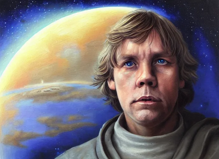 Prompt: Beautiful oil painting of Luke Skywalker on the Moon by Titian and Chie Yoshii and yumi1805 and nyktalgia and NASA, portrait, Star Wars, symmetrical face, intricate, face, blue iris eyes, dirty blonde hair, elegant, light grey mist, dust, space, highly detailed, dramatic lighting, sharp focus, deviantart, trending on artstation, artstationHD, artstationHQ, unreal engine, 4k, 8k