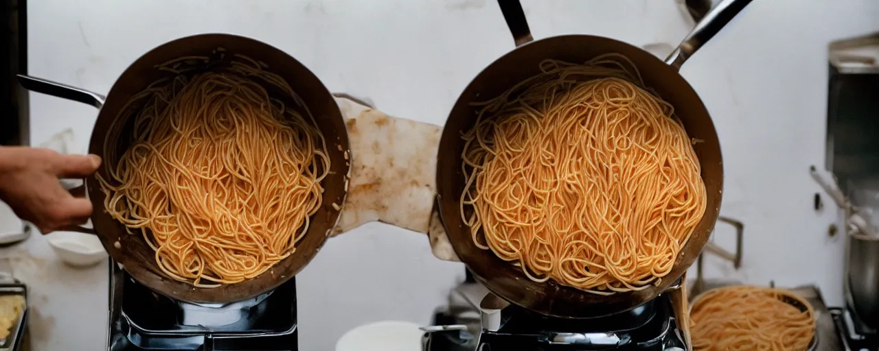 Prompt: medium shot of spaghetti being cooked in a large pot, minimal, sharply focused, canon 5 0 mm, wes anderson film, kodachrome