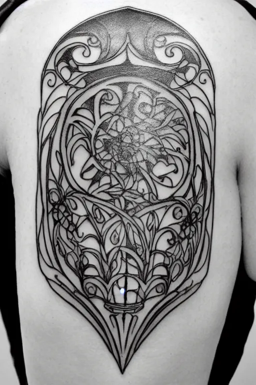 Prompt: mirrored delicate minimalist art nouveau shoulder tattoo, intricate detail, clean lines, in the style of art deco