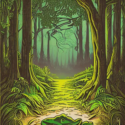 Prompt: A frog inside a forest by Dan Mumford