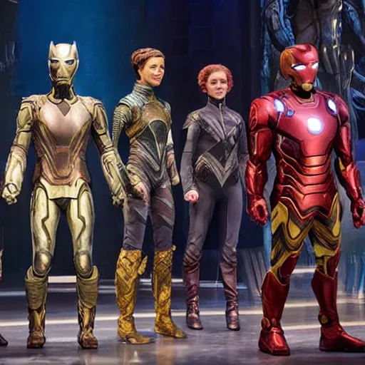 Image similar to costumes by Julie Taymor for Avengers: Infinity War the musical on broadway, production photos