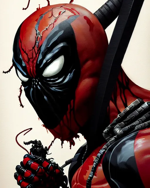 Image similar to highly detailed closeup portrait of a mutated venom symbiote in deadpool suit with a fierce expression, wearing his katana, by atey ghailan, by greg rutkowski, by greg tocchini, by james gilleard, by joe fenton, by kaethe butcher, red, black, crimson and grey color scheme