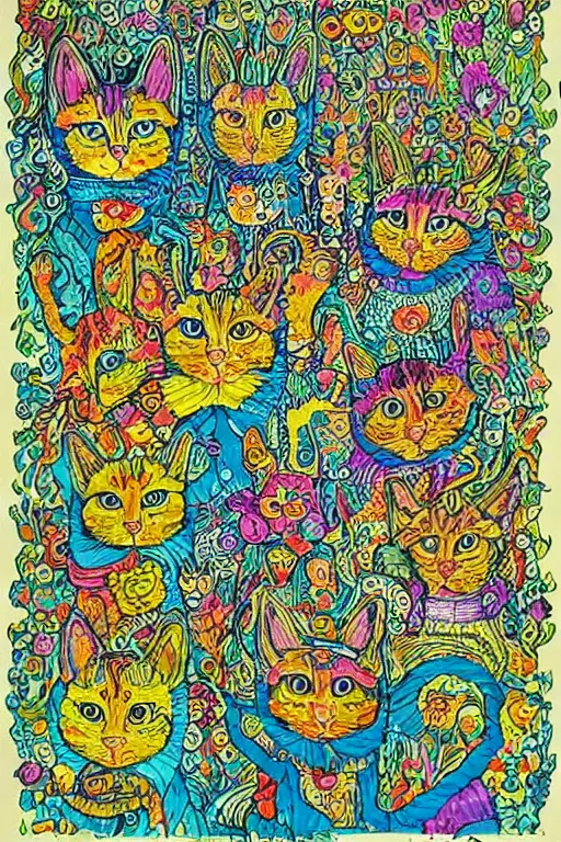 Image similar to Psychedelic cats in the style of Louis Wain