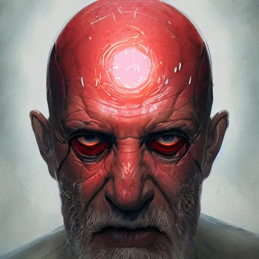 Prompt: close-up, symmetrical, portrait of an old man, glowing red eyes, bruised, scarred, marvel art, art by greg rutkowski, matte painting, trending on artstation