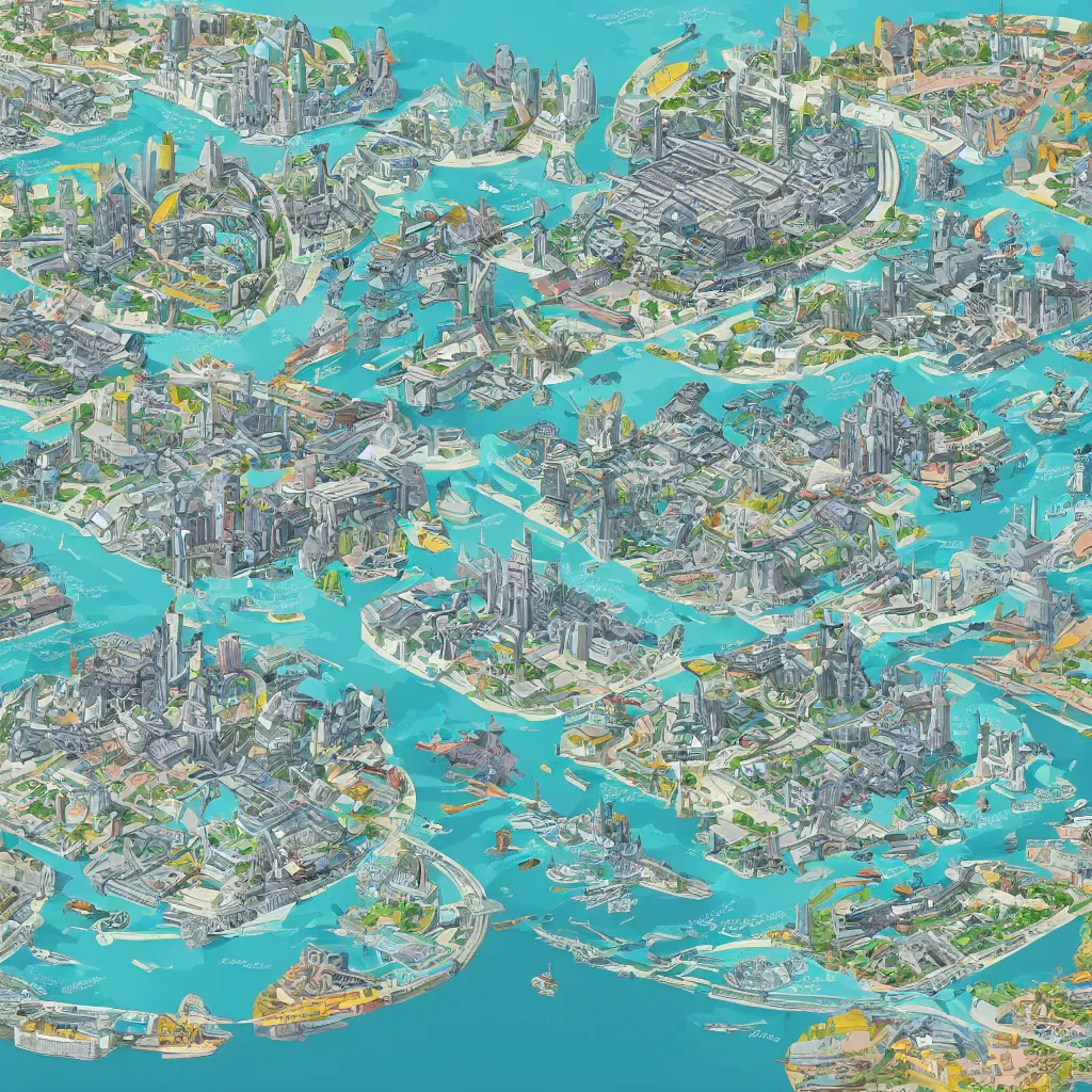 Prompt: a detailed infographic map of a futuristic city located in a round island surrounded by water with a few flying ships stationed around it, in the style of diego rivera, full color, axonometric exploded view