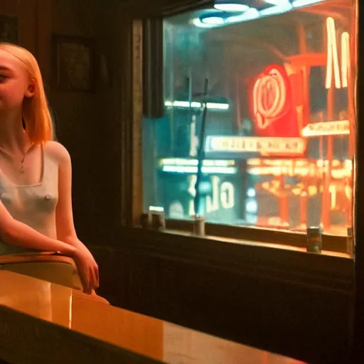 Prompt: Elle Fanning alone at a bar in the world of Edward Hopper, stormy weather, extremely detailed masterpiece, oil on canvas, low-key neon lighting, artstation, Blade Runner 2049, Roger Deakin’s cinematography, by J. C. Leyendecker and Peter Paul Rubens,