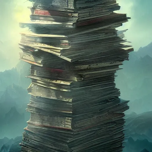 Prompt: a tower of books floating in the air, a detailed matte painting by Józef Szermentowski, deviantart, fantasy art, dystopian art, apocalypse landscape, matte painting