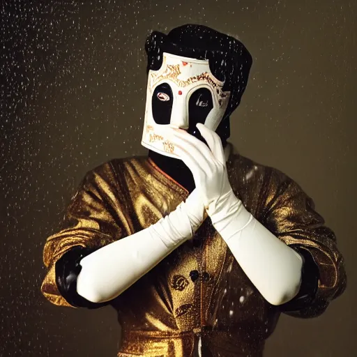 Prompt: portrait of a male dancer with a beautiful porcelain face dressed in a venecian mask, gloves on the hands, rain, cinematic light and reflections, beautiful dreamy lighting, photographed by annie leibovitz, zbrush,