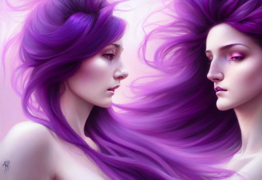 Image similar to Purple hair relistic Portrait of a two woman with bright colored flying hair, all shades of purple. Beauty face, Hair coloring, fantasy, intricate, elegant, highly detailed, digital painting, artstation, concept art, smooth, sharp focus, illustration, art by artgerm and greg rutkowski and alphonse mucha