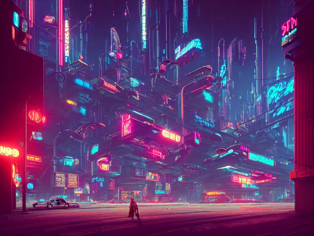 Image similar to cyberpunk city retro arcade, robotic limbs:: Simon Stålenhag and beeple and James Gilleard and Justin Gerard :: ornate, dynamic, particulate, intricate, elegant, highly detailed, centered, artstation, smooth, sharp focus, octane render, 3d