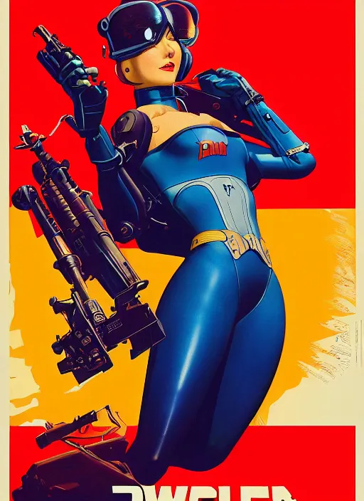 Prompt: american propaganda poster art. powerful cyberpunk pilot. portrait by jean giraud and anton otto fischer and john philip falter and will eisner and gil elvgren and pixar. full body. realistic proportions. science fiction d & d. overwatch, rb 6 s, cyberpunk 2 0 7 7, blade runner 2 0 4 9 concept art. cel shading. thick lines.