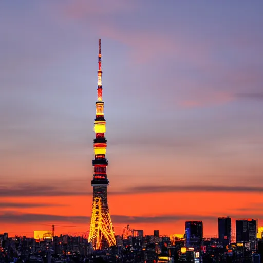 Prompt: landscape of Tokyo with a tower at sunset