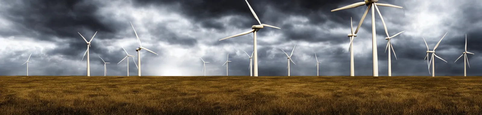 Image similar to Stormy sky with the lightings in the clouds, blueshift render, pipes, a wind turbine in the background, depth of field, concept art, Full HD, 1128x191 resolution