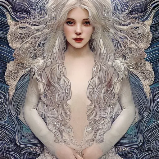 Image similar to a photograpic portrait of a anthropomorphic bioluminescent water wave wearing white clothes, fantasy, intricate, elegant, highly detailed, digital painting, artstation, concept art, smooth, sharp focus, illustration, art by artgerm and h r giger and alphonse mucha