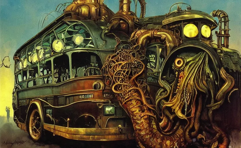 Prompt: cthulhu devouring a steampunk school bus. highly detailed science fiction painting by norman rockwell, frank frazetta, and syd mead. rich colors, high contrast, gloomy atmosphere, dark background. trending on artstation