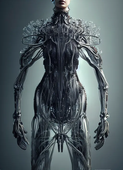 Prompt: forest iris van herpen gothic inflateble dark dress, perfect symmetrical body, helmet on face, full body shot, inflateble shapes, wires, tubes, veins, jellyfish, white biomechanical details, wearing epic bionic cyborg implants, masterpiece, intricate, biopunk, vogue, highly detailed, artstation, concept art, cyberpunk, octane render