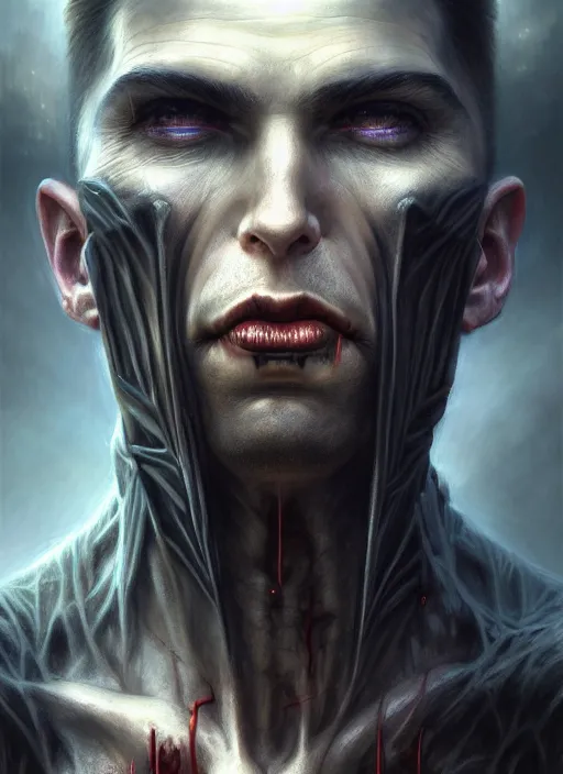 Image similar to closeup portrait shot of a male vampire in a scenic dystopian environment, intricate, elegant, highly detailed, centered, digital painting, artstation, concept art, smooth, sharp focus, illustration, artgerm, tomasz alen kopera, peter mohrbacher, donato giancola, joseph christian leyendecker, wlop, boris vallejo