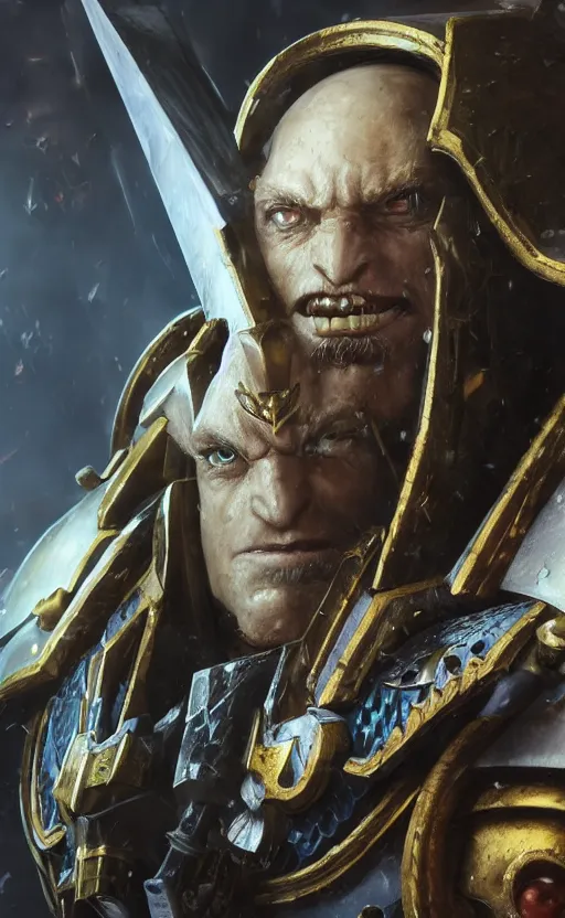 Image similar to warhammer 40k Emperor of Mankind, half-length portrait, beautiful face, long hair, illustration, fine details, cinematic, highly detailed, octane render