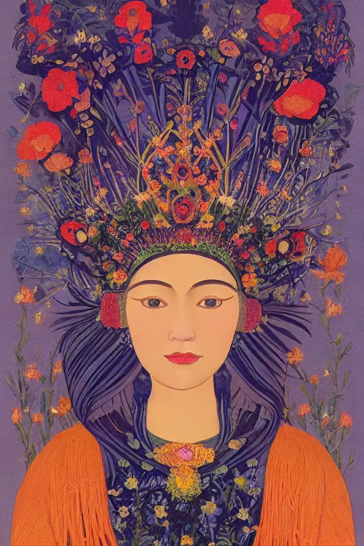 Prompt: queen of flowers, by Tino Rodriguez and Annie Swynnerton, and Nicholas Roerich, elaborate headdress and embroidered velvet, iridescent beetles, rich color, dramatic cinematic lighting, extremely detailed