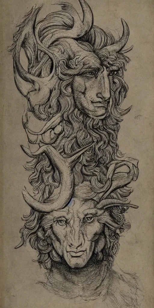 Image similar to human / eagle / lion / ox hybrid. horns, beak, mane, human body. drawn by da vinci