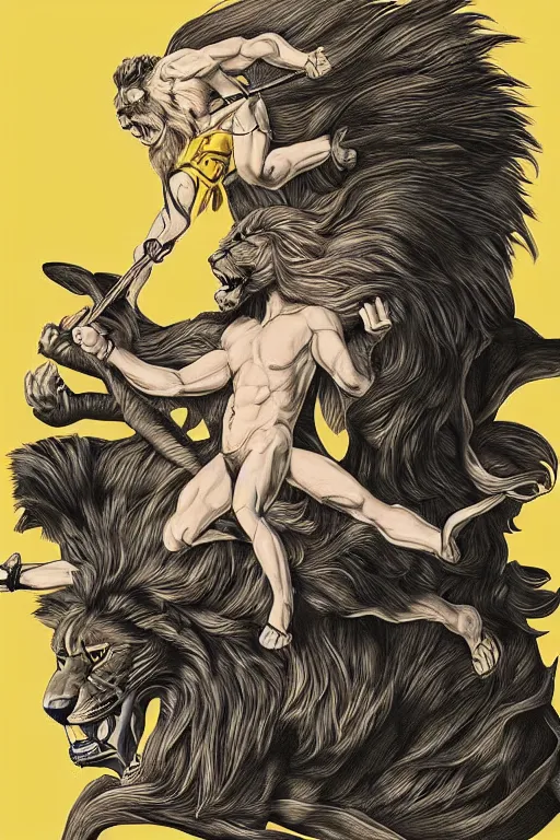 Image similar to hyperreality illustrator from karah mew in collaboration with jennifer mccord and tetsuya nomura, depicting hercules against the cremean lion, this image is very detailed, very realistic, incrinate, boroque, complex, and also very aesthetic, winning an award as the best pop art illustration of this century.