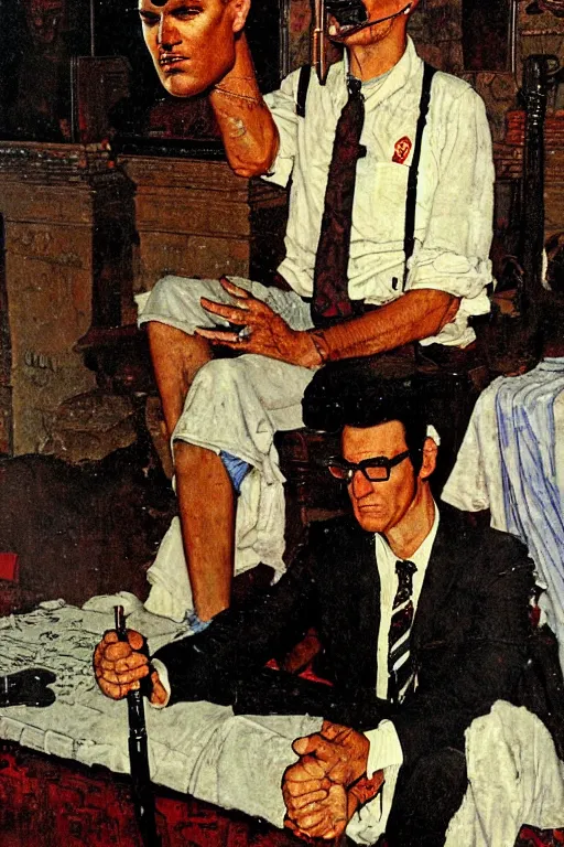 Image similar to a closer personal portrait of the zodiac killer, very charismatic. in the old ancient temple of luxor. masterpiece, dark. painted by norman rockwell and james gurney