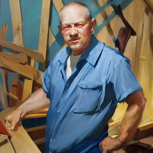 Image similar to greg manchess portrait painting of simple carpenter fine woodworker | building a wooden table in their well organized clean workshop, medium shot, asymmetrical, profile picture, organic painting, sunny day, matte painting, bold shapes, hard edges, street art, trending on artstation, by huang guangjian, gil elvgren, ruan jia, randy vargas, greg rutkowski