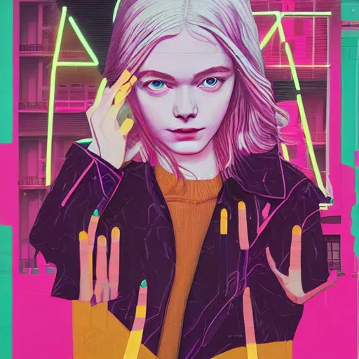 Image similar to Elle Fanning in front of a neon church picture by Sachin Teng, asymmetrical, dark vibes, Realistic Painting , Organic painting, Matte Painting, geometric shapes, hard edges, graffiti, street art:2 by Sachin Teng:4