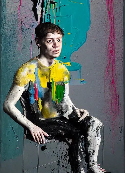 Prompt: portrait of a young painter with creative block sitting on a stool painted by vincent lefevre and francis bacon and hernan bas and pat steir and andreas gursky and hilma af klint and danny fox, psychological, photorealistic, symmetrical face, dripping paint, washy brush, rendered in octane, altermodern, masterpiece