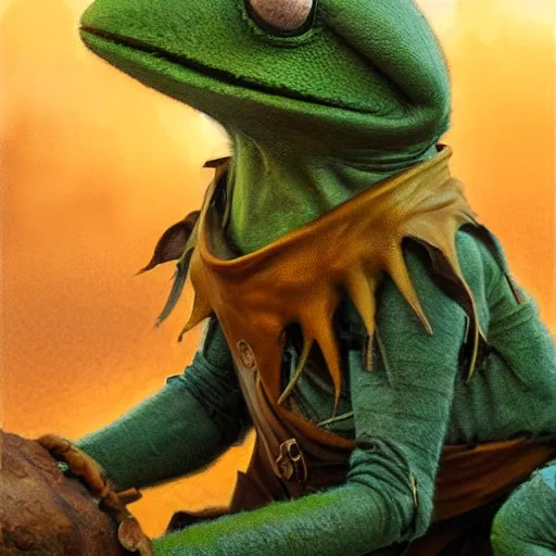 Prompt: kermit the frog as Aragorn by Alan Lee, leather armor, golden hour, concept art, detailed clothing, art station, oil painting, art by artgerm and greg rutkowski and alphonse mucha