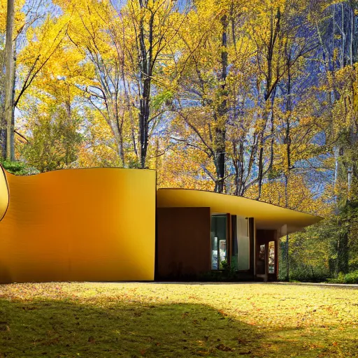 Prompt: architecture ad for a mid-century modern house in the middle of the wood designed by frank Gehry. grain, cinematic, colorized, yellow hue.