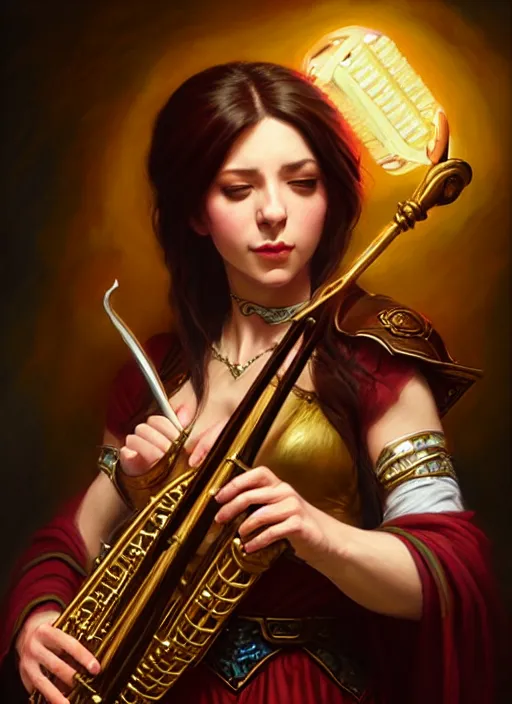 Image similar to a _ fantasy _ style _ portrait _ painting _ of female charismatic bard playing instrument, rpg dnd oil _ painting _ unreal _ 5 _ daz. _ rpg _ portrait _ extremely _ detailed _ artgerm _ greg _ rutkowski _ greg