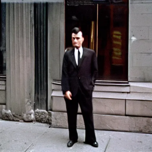 Image similar to portrait of a man in a suit in the streets of new york, 1 9 6 0 s, colour film street photography, photo taken with ektachrome, featured on flickr, photographed on damaged film