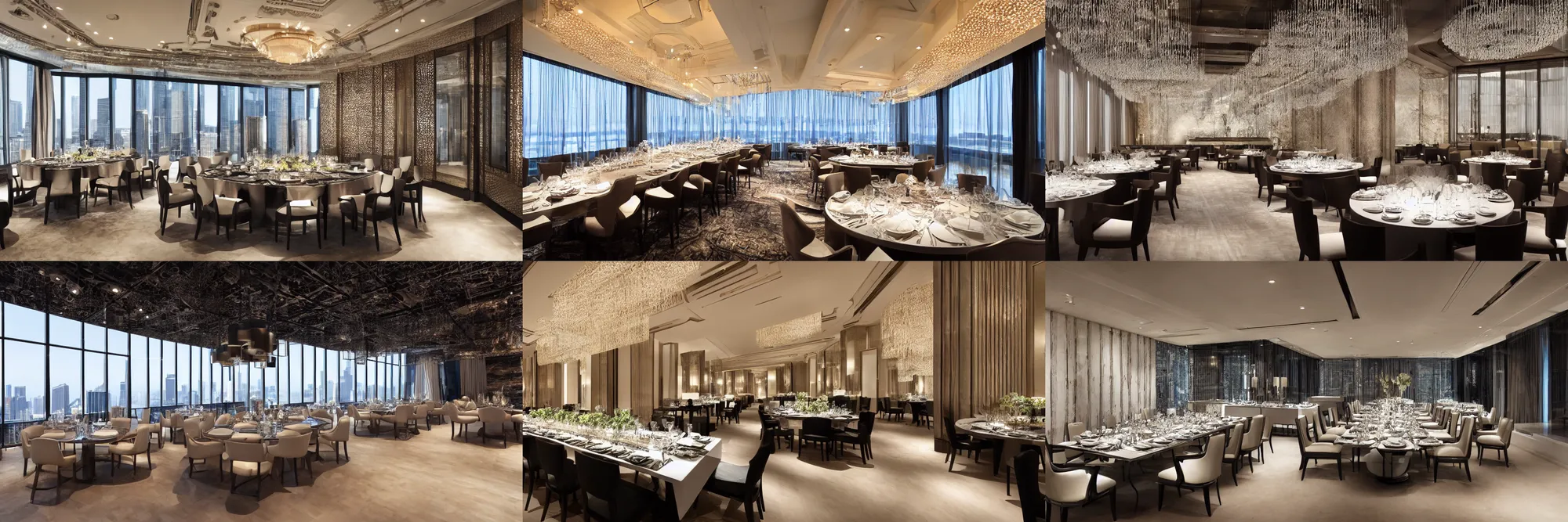 Prompt: premium dinner hall design, made of rare earth minerals, chicago, shanghai, penthouse
