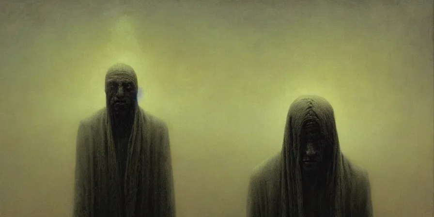 Image similar to potrait of a man filled with despair, by Zdzislaw Beksinski, gothic, amazing details, cold hue's, warm tone gradient background