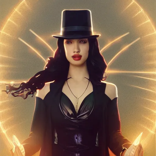 Prompt: christian serratos as zatanna by leonardo divinci, greg rutkowski, alphonse mucha, mystical cosmic lighting, octane render, artstation, rey tracing, golden ratio, rule of thirds, perfect composition