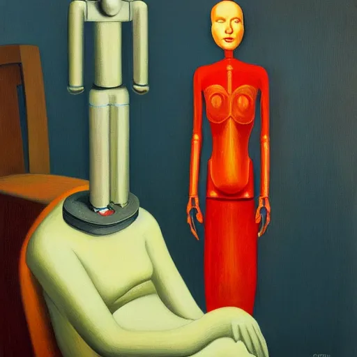 Prompt: robot therapist, portrait, grant wood, pj crook, edward hopper, oil on canvas