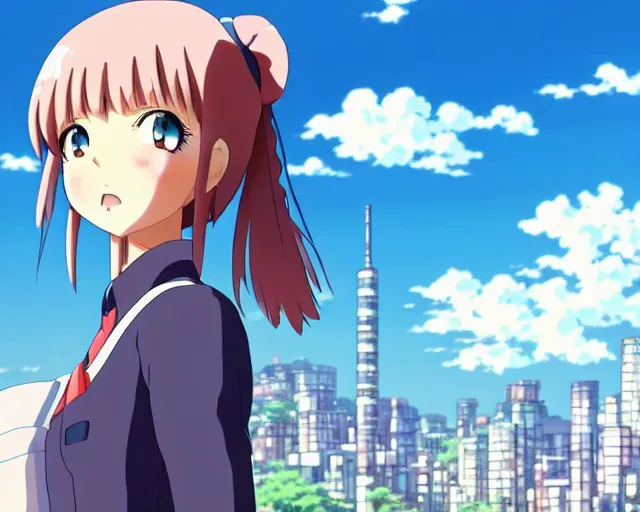 Image similar to anime fine details portrait of joyful school girl and big robot, city landscape on the background deep bokeh, profile close-up view, anime masterpiece by Studio Ghibli. 8k, sharp high quality anime