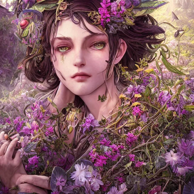 Image similar to the portrait of chaotic good female druid botanist as absurdly beautiful, gorgeous, elegant, young gravure idol, an ultrafine hyperdetailed illustration by kim jung gi, irakli nadar, intricate linework, sharp focus, bright colors, octopath traveler, final fantasy, unreal engine 5 highly rendered, global illumination, radiant light, detailed and intricate environment