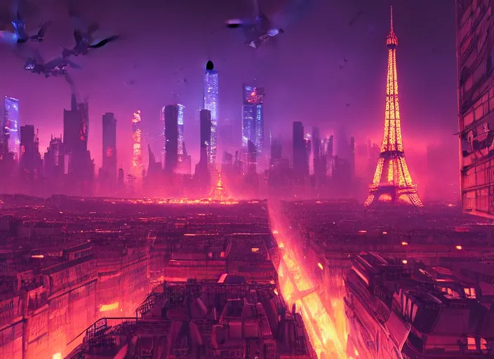 Image similar to cyberpunk scifi scene of paris at night, scifi drones in the sky, artstation, matt painting, very detailed, maximalism, ambient occlusion, volumetric light, atmospheric haze, unreal engine, hyper realism, realistic shading, cinematic composition, realistic render, octane render, detailed textures, photorealistic, wide shot