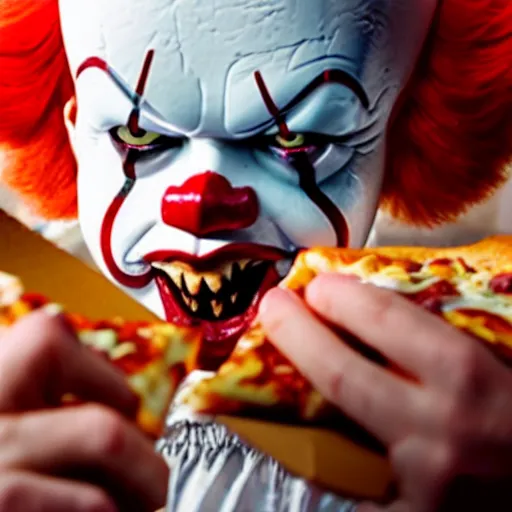 Image similar to A still of Pennywise eating a pizza, 4k, photograph, ultra realistic, highly detailed, studio lighting