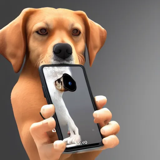 Prompt: A dog holding a phone, taking a selfie, selfie photography, photorealistic imagery, trending on artstation, 4k, 8k