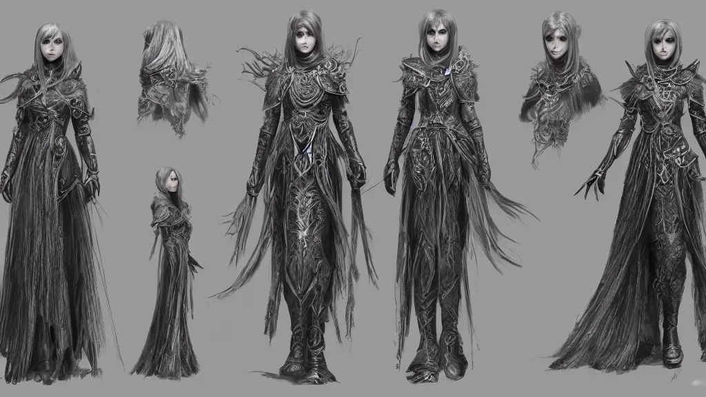 Image similar to concept art sheet, photorealistic symmetrical beautiful young female priestess with shiny hair wearing full intricate clothing, intricate, cg society, Elden Ring, darksouls, bloodborne