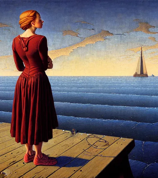 Prompt: a fancy beautiful young lady standing on a wharf at the edge of the sea by rob gonsalves and brom and gil elvgren and jean delville and william blake and norman rockwell and dan mumford, crisp details, hyperrealism, high detail, high contrast, low light, grey mist, cobblestones, dim lantern